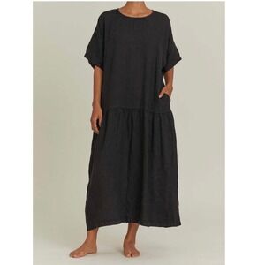 Black Crane Easy Dress Black Linen Maxi Gathered Drop Waist Pockets Lagenlook L
